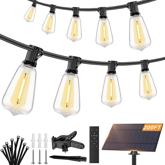 Brightever 200FT Solar String Lights Outdoor Waterproof, Patio Lights Solar Powered with Remote, 72+2 Shatterproof ST38 LED Bulbs, Dimmable&Timable Solar Lights for Outside Wedding Decor