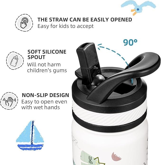 Fanhaw 14 Oz Kids Insulated Water Bottle with Straw - Stainless Steel Double Wall Vacuum Cup, Leakproof, BPA Free, Suitable for Boys and Girls(White - Cute Dinosaur)