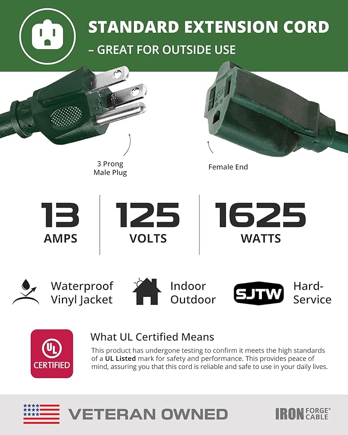 Iron Forge Cable 2 Pack Weatherproof 3 Ft Outdoor Extension Cord - 16/3 SJTW Heavy Duty Green Extension Cord 3 Prong - 13 Amp Exterior Power Cable