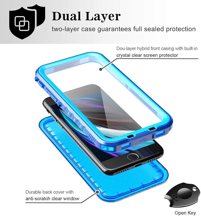 SPORTLINK Waterproof Case for iPhone SE 3rd 2022/iPhone SE 2nd 2020/iPhone 7/8 - Full Body Shockproof Dustproof Phone Screen Protector Rugged Waterproof Case for iPhone SE3/SE2/7/8 (Blue)