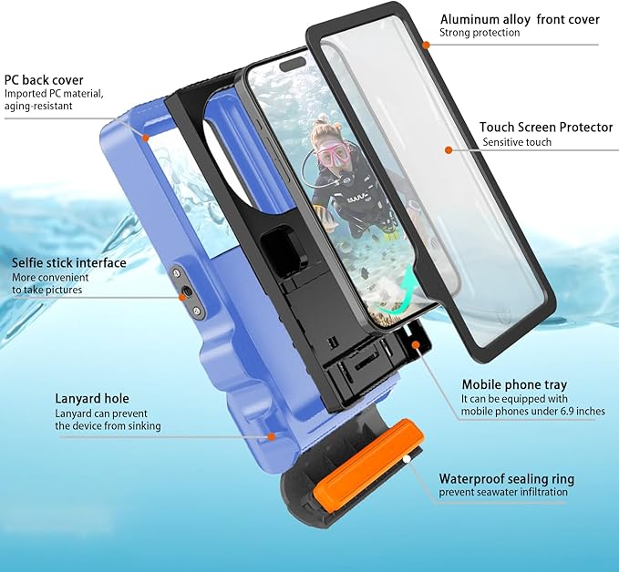 Underwater Phone Case for Snorkeling & Diving (50ft/15m), IP68 Waterproof Case for Swimming, Universal Underwater Touch Screen Case Compatible with iPhone (Blue, 4th Generation Phone Case)
