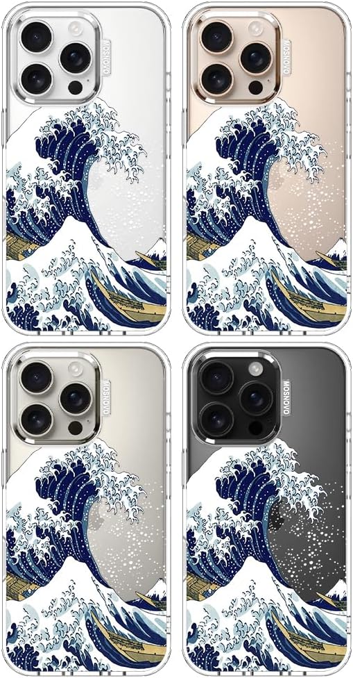 MOSNOVO Case for iPhone 16 Pro, [Buffertech 6.6ft Military-Grade Drop Protection] [Anti Peel Off Tech] Clear TPU Bumper Phone Case Cover Design - Great Wave