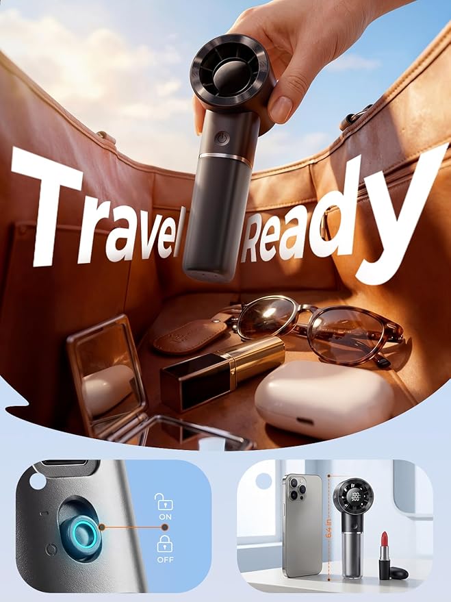 Handheld Portable Fan, 6-Speed Powerful Mini Personal Fan, Rechargeable 5000mAh Battery with Up to 15 Hours Runtime, Pocket Turbo Fan with Smart LED Display, Ideal for Travel, Camping, Makeup