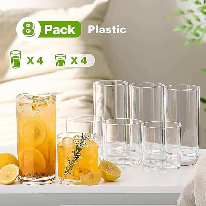 Plastic Drinking Glasses Set of 8, 14oz Rocks & 20oz Water Cups, Unbreakable Plastic Glasses Drinkware, Clear Kitchen Tumblers for Home & Outdoors, Reusable , BPA-Free, Top-Rack Dishwasher Safe