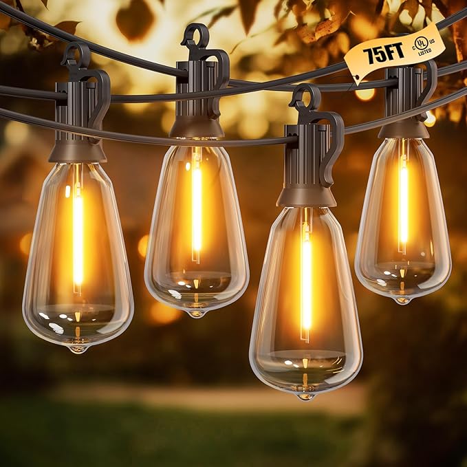 Brightown Outdoor String Lights, 75FT 22+2 LED ST38 LED Patio Lights Shatterproof, Dimmable IP65 Waterproof Connectable Hanging Outdoor Light for Backyard, Porch, Deck, Balcony
