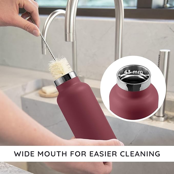 Bambaw Small Stainless Steel Water Bottle 12 oz with Handle, Wide Mouth Insulated Water Bottle Double Wall, Made of High-Grade Stainless Steel, Small Size, Fits in Cup Holder, Reusable (Red Berry)