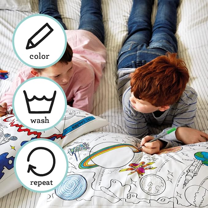 eatsleepdoodle - Coloring Pillowcase for Kids – Reusable DIY Pillow Cover with Washable Markers, Educational Arts & Crafts Activity for Boys & Girls, Fun Gift for Creative Play, Machine Washable