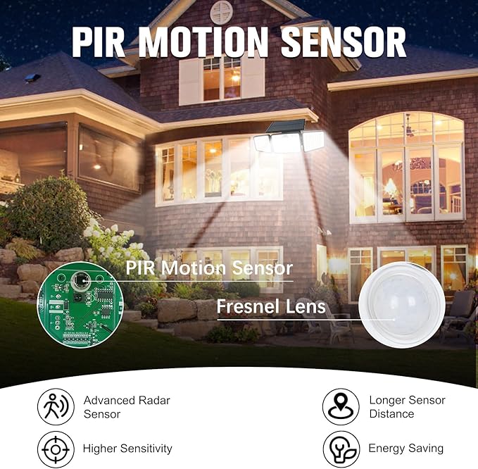 daphino 2500LM Solar Lights Outdoor with Motion Sensor,3 Head 270° Wide Angle Street Area Lights,IP65 Waterproof Security Lighting with 3 Modes(Remote,1 Pcs)