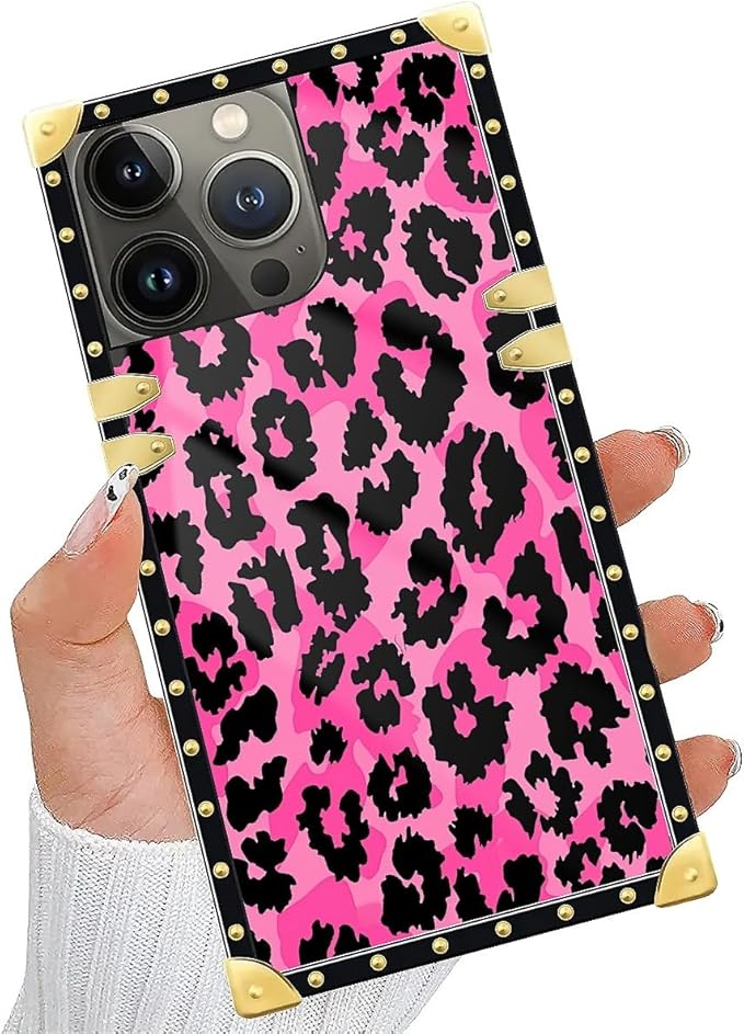 Compatible with iPhone 14 Pro Case, Pink Black Leopard Luxury Golden Decoration for Girl Women Soft TPU Shockproof Protective Hard PC Back for iPhone 14 Pro