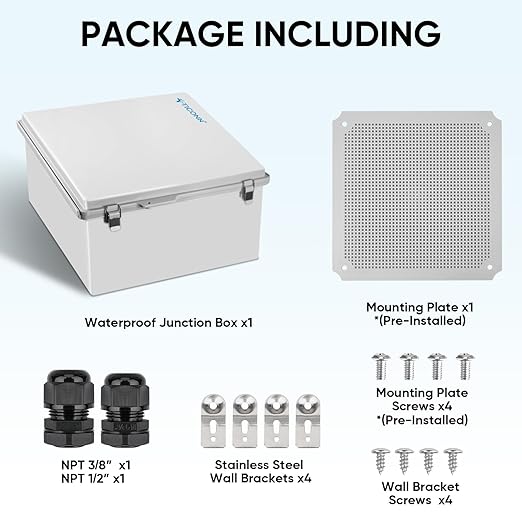 TICONN Outdoor Electrical Box Waterproof, Junction Box IP67 ABS Plastic Enclosure with Hinged Cover with Mounting Plate, Wall Brackets, Cable Glands (Off-White, 11.8"x11.8"x7.1")