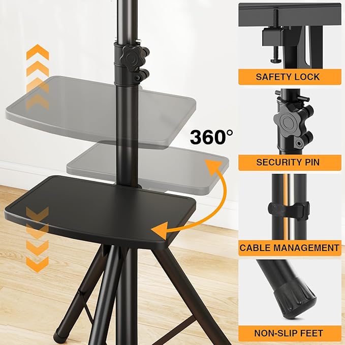 Tripod TV Stand with Shelf for 23-75 inch TVs up to 100 lbs, Outdoor TV Stand with ±15° Tilt, Height Adjustable Portable TV Tripod with Safety Design, Max VESA 600x400m
