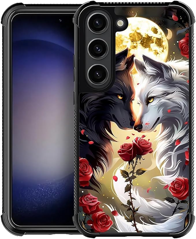 for Samsung Galaxy S23 Plus Case, Black White Wolf Moon Flower Rose Pattern Graphic Design Girl Boy Soft Silicone Hard Acrylic Shock Protection for Samsung Galaxy S23 Plus