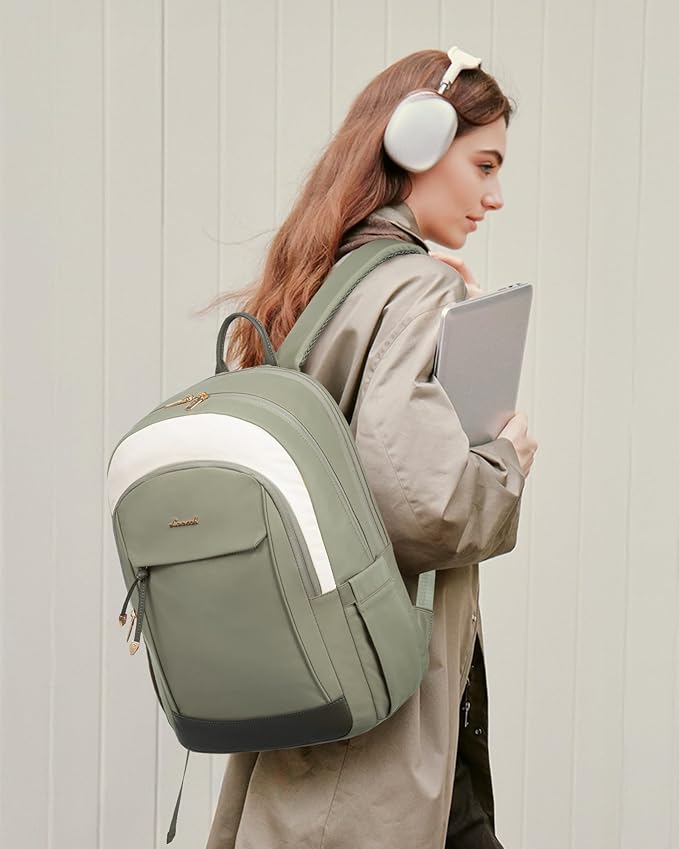 LOVEVOOK Laptop Backpack for Women, 15.6 inch Waterproof College Backpack Woman with Laptop Compartment Computer Bag Travel Backpack Purse, Large Black Computer Daypack for Work Casual, Beige green