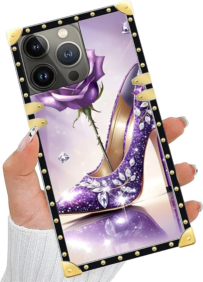 Compatible with iPhone 14 Pro Case, High Heeled Purple Diamond Rose Luxury Golden Decoration for Girl Women Soft TPU Shockproof Protective Hard PC Back for iPhone 14 Pro