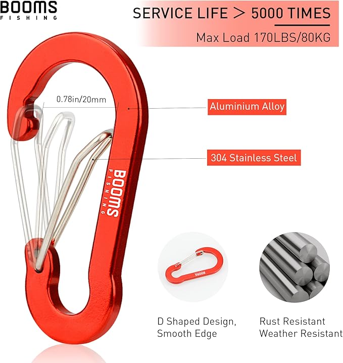 Booms Fishing CC5 Multi-Use Carabiner Clips, 10 Pack 2.7" Small Caribeener Clips, Mini Keychain Aluminum Caribeaner Clip