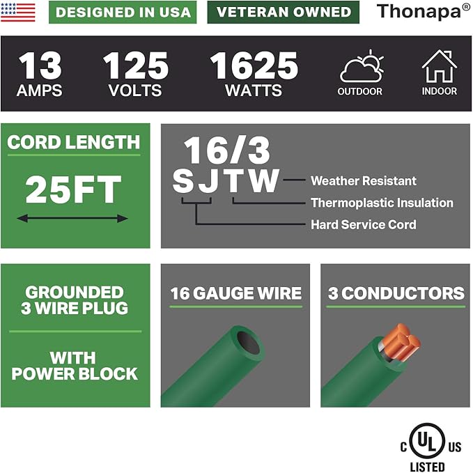 Thonapa Weatherproof Green Extension Cord 25 ft 3 Outlets, 16/3 SJTW Outdoor Extension Cord with Multiple Outlets 25 Foot, 13 AMP Exterior Electric Cable 3 Way Plug for for Outdoor Lights, Landscaping