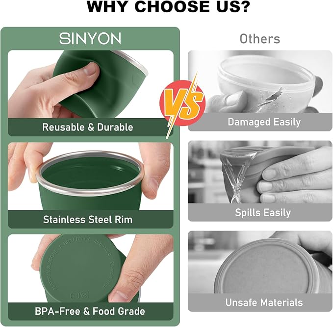 Collapsible Travel Cup, BPA-Free Reusable Water Cup, Lightweight Drinking Cups with Lids and Carrying Strap, Dishwasher Safe Silicone Cups for Camping, Travel, Airports, Hotel (6.7oz, Green)