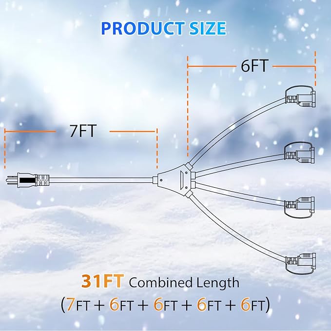 K KASONIC - 31FT Christmas Lights Outdoor Extension Cord with Mutil Outlets, ETL Listed Heavy Duty Electrical Cord with Protective Covers, Weatherproof Extension Cord for Outside, 16AWG/1625W, Black