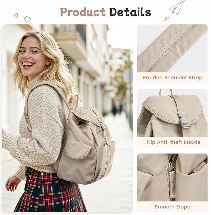 G4Free Small Backpack for Women, Nylon Casual Daypack for Work Travel Campus, Khaki