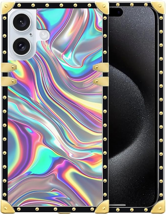 Compatible with iPhone 16 Plus Case, Holographic Abstract Iridescent Textures Luxury Golden Decoration for Girl Women Soft TPU Shockproof Protective Hard PC Back