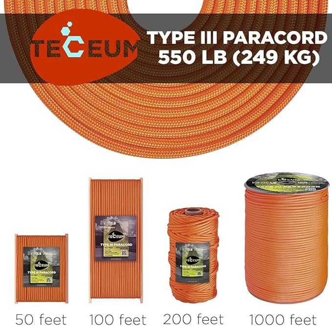 TECEUM 5/32" Paracord Rope 1000 – 1000ft / 200ft / 100ft / 50ft – Tactical Parachute Cord 4mm – 45+ Colors – Nylon String for Survival & Camping Gear – Stripe Cord for Survival – Utility Rope