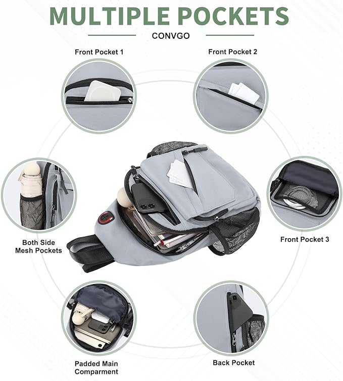 Small Crossbody Bag Casual Sling Bag for Men, Convertible Backpack, 3-in-1 Anti-Theft Shoulder Bag Trendy Daypack for Travel, Light Grey