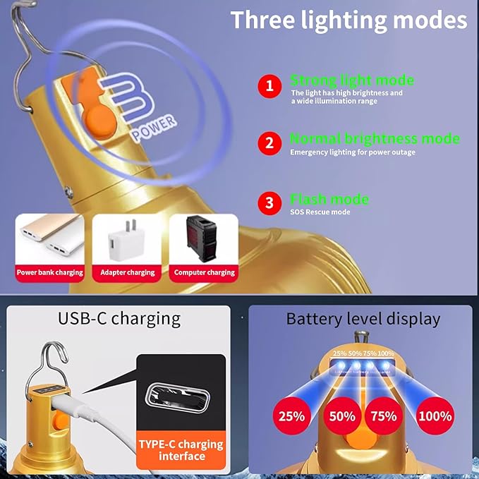 2-Pack Rechargeable Outdoor Camping Lights, 2400mAh IPX4 Waterproof LED Hanging Light, Emergency Light Bulbs for Power Outage, Portable Tent Lamps with Hook for Campsite, Vendor Booths, BBQ