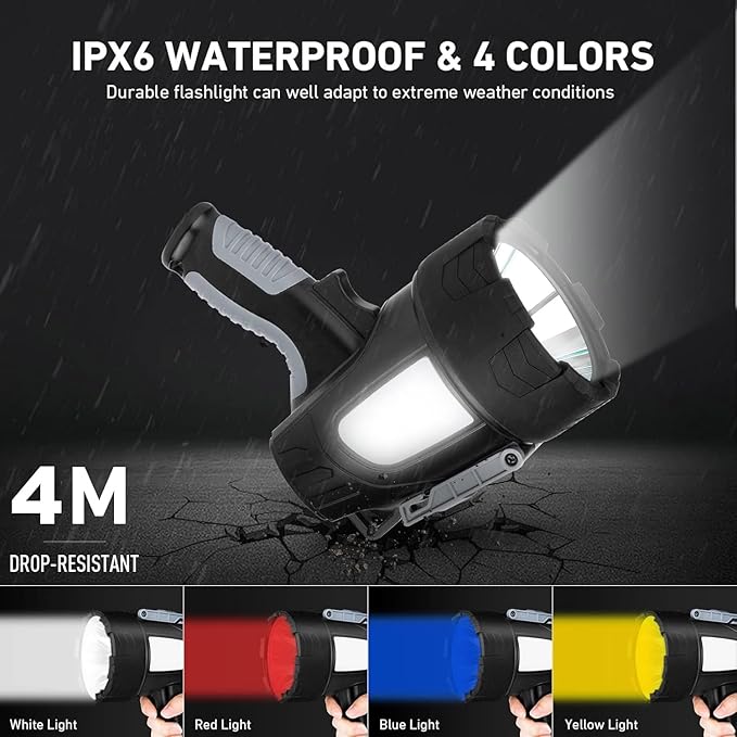 LBE Rechargeable Spotlight Outdoor, 2,000,000 Lumens Led Spotlight Flashlight with Cob Light and Foldable Tripod, 6 Modes Waterproof Handheld Spot Light for Outdoor Marine Boating Hµnting