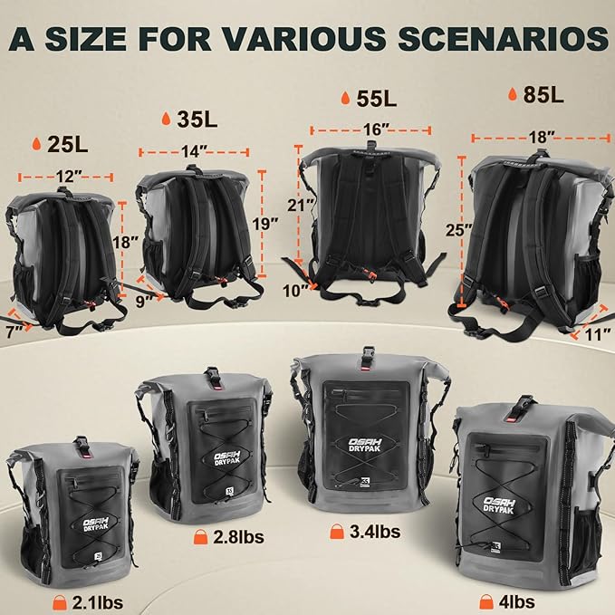 OSAH DRYPAK Waterproof Backpack Dry Bag 25L/35L/55L/85L – Heavy Duty Roll-Top Hiking Backpack Sack Keeps Gear Dry for Travel, Kayaking, Boating, Camping, Rafting and Fishing