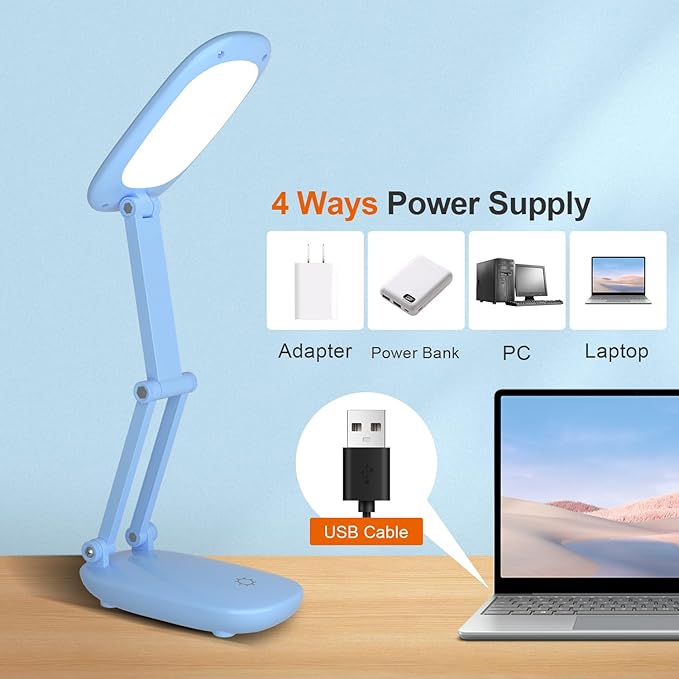 Akejrym LED Desk Lamp for Office & Home, Battery Operated, Foldable & Portable Light, 2-Fold Bracket, 3 Brightness Dimmable, Wireless Reading Lamp (Blue)