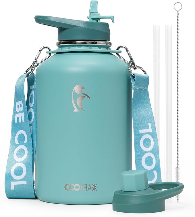 Coolflask Insulated Water Bottle 64 oz with Straw, Half Gallon Large Water Jug with Straw & Spout Lids, Vacuum Stainless Steel Metal Flask, Keep Cold 48h Hot 24h, Leak Proof & Non-BPA, Agate Green