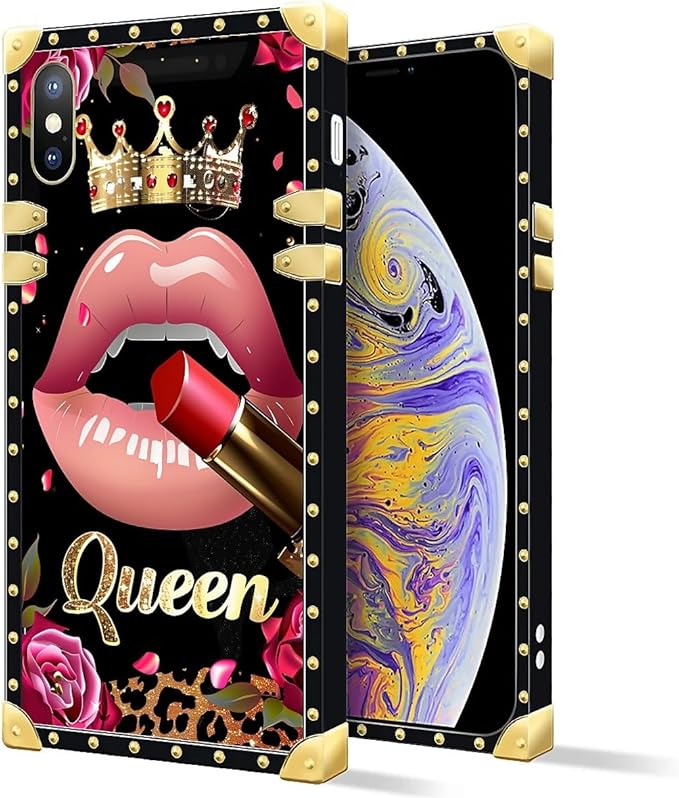 Compatible with iPhone Xs Max Case, Glitter Red Rose Queen Leopard Lipstick Luxury Golden Decoration for Girl Women Soft TPU Shockproof Protective Hard PC Back for iPhone Xs Max
