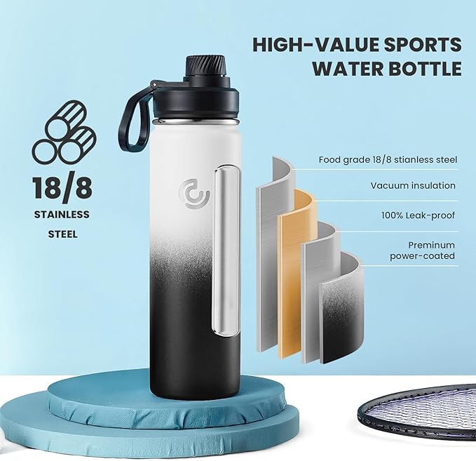 Sports Water Bottle 22oz, Insulated Water Bottle with Handle,Stainless Steel,Simple Modern,Suitable for Travel, School, Boy, Girl(Day & Night)
