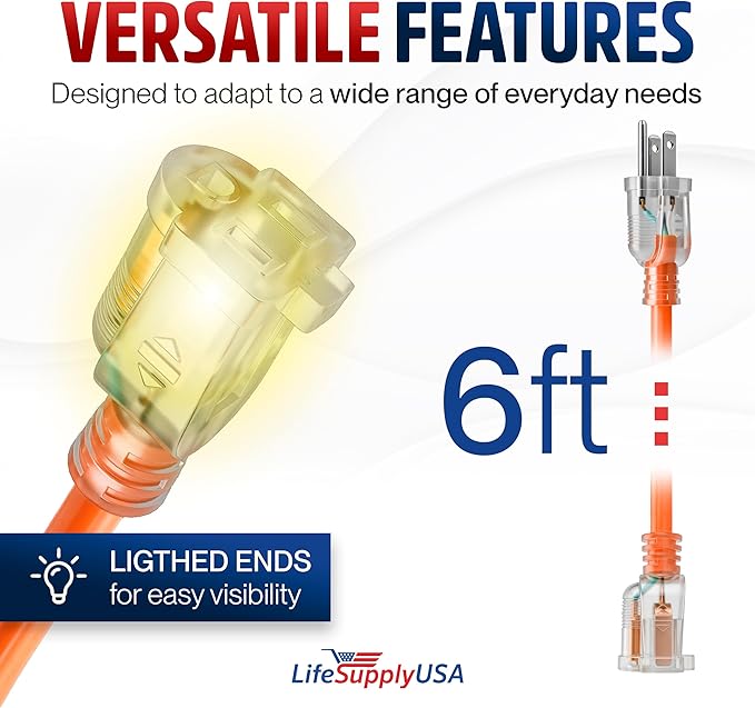6ft Outdoor/Indoor Extension Cord 16/3 Gauge Heavy Duty 3 Prong SJTW, Waterproof, Flexible Cold-Resistant Long Power Cord,13A 125V 1625W, Orange by LifeSupplyUSA