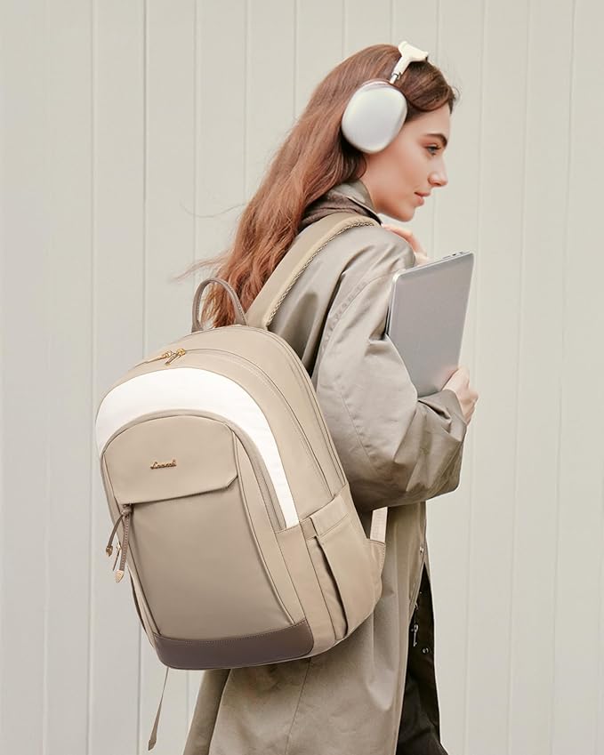 LOVEVOOK Laptop Backpack for Women, 15.6 inch Waterproof College Backpack Woman with Laptop Compartment Computer Bag Travel Backpack Purse, Large Black Computer Daypack for Work Casual, Beige Khaki