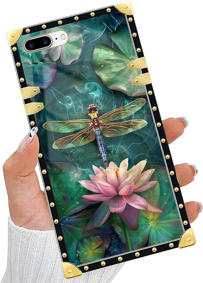 Compatible with iPhone 8 Plus 7 Plus Case, Colourful Dragonfly Pink Lily Pads Luxury Golden Decoration for Girl Women Soft TPU Shockproof Protective Hard PC Back