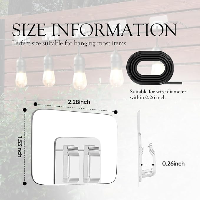 Hooks for Outdoor String Lights Clips: Heavy Duty Cable Clips with Waterproof Adhesive Strips for Hanging Christmas Light - Outside UV-Resistant Clear Sticky Cord Holders Rope Organizer (180)