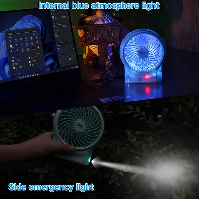 efluky 3-Speed Mini Desk Fan with LED Light, Portable USB Fan Quiet for Home, Office, Travel, Camping, Outdoor, Indoor, 4.9-Inch,Blue