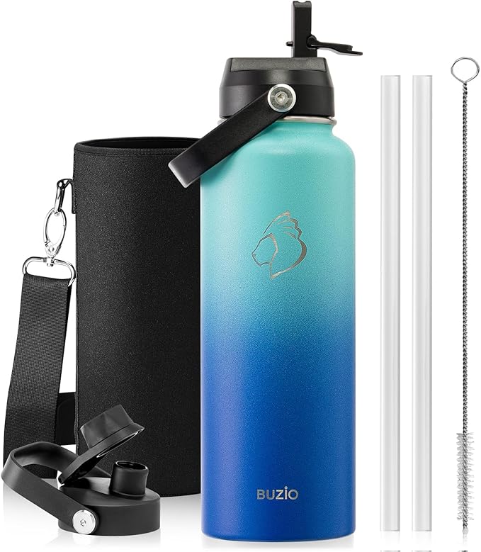 BUZIO Water Bottle Insulated 40oz, Triple Wall Vacuum Stainless Steel Flask (Cold for 48 Hrs), Leakproof BPA-Free Wide Mouth Metal Jug Hydro Canteen with 2 Lids, Sea Breeze