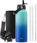 BUZIO Water Bottle Insulated 40oz, Triple Wall Vacuum Stainless Steel Flask (Cold for 48 Hrs), Leakproof BPA-Free Wide Mouth Metal Jug Hydro Canteen with 2 Lids, Sea Breeze