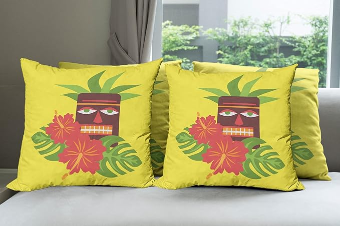 Ambesonne Luau Throw Pillow Cushion Case Pack of 4, Vibrant Composition of a Tiki Exotic Summer Hibiscus and Palm Leaves, Modern Accent Double-Sided Digital Printing, 20", Yellow Multicolor