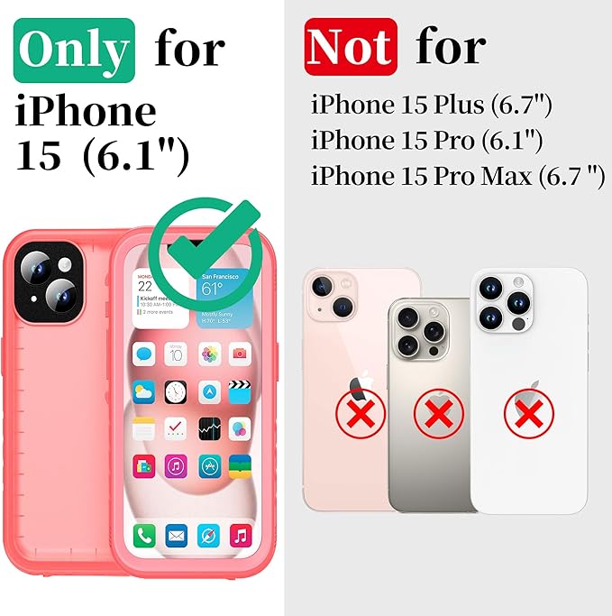 Cozycase for iPhone 15 Waterproof Shockproof Dustproof Case - Heavy Duty/360 Full Body/Military Grade/Protective/Rugged 【8FT Drop Proof】 Built in Screen/Camera Protector with Lanyard Pink