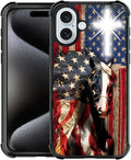 for iPhone 16 Case, Red American Flag Horse Cross Pattern Graphic Design Girl Boy Soft Silicone Hard Acrylic Shock Protection for iPhone 16