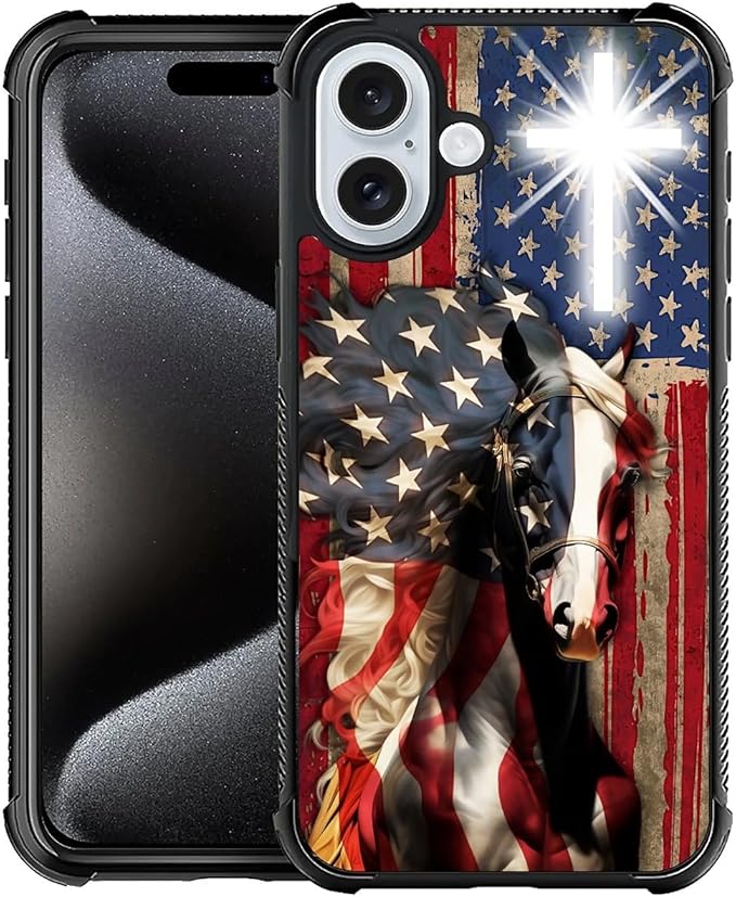 for iPhone 16 Case, Red American Flag Horse Cross Pattern Graphic Design Girl Boy Soft Silicone Hard Acrylic Shock Protection for iPhone 16