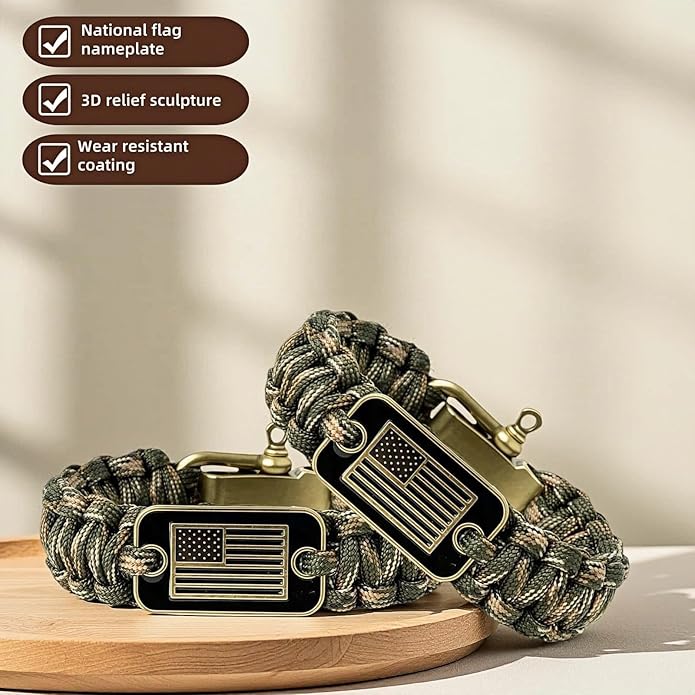 Patriotic Paracord Survival Bracelet for Men - Bronze US Flag Pendant Tactical Gear with Multi-Tool Functions, Adjustable Size (12-25cm), Green Camo Gold Thread Design