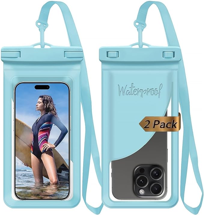 Waterproof Phone Pouch, with Interior Card Pocket, Large Waterproof Phone Case for iPhone 17 16 15 14 Pro Max, IPX8 Lightweight Cellphone Dry Bag, Beach Cruise Ship Essentials,2 Pack-Blue-8.3″