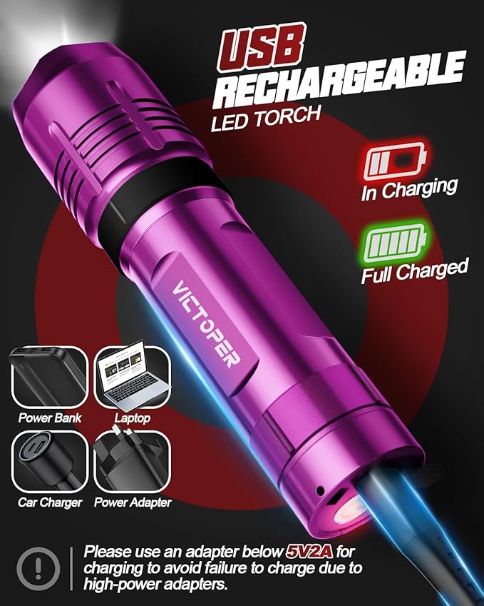 Victoper Pink Rechargeabe Flashlight 2 Pack, High Lumens 5 Modes LED Bright Tactical Flashlights, Waterproof Zoomable Flash Light for Outdoor, Gifts for Camping Essentials Gear