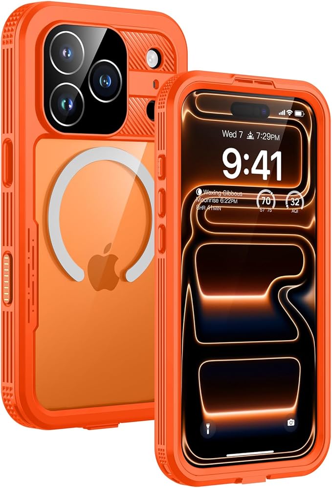 Lanhiem Magnetic for iPhone 17 Pro Case, IP68 Waterproof, Dustproof, Compatible with Magsafe, Built-in Screen Protector, Full Body, Heavy Duty, Rugged Phone Cover, 6.3 inch, Cosmic Orange