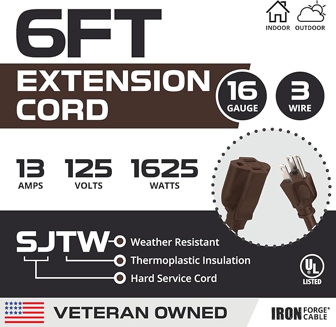 Iron Forge Cable Outdoor Brown Extension Cord 6 ft - 16 Gauge 13 Amp Heavy Duty Brown Outdoor Extension Cords 3 Prong - 16/3 SJTW - Great for Outdoor