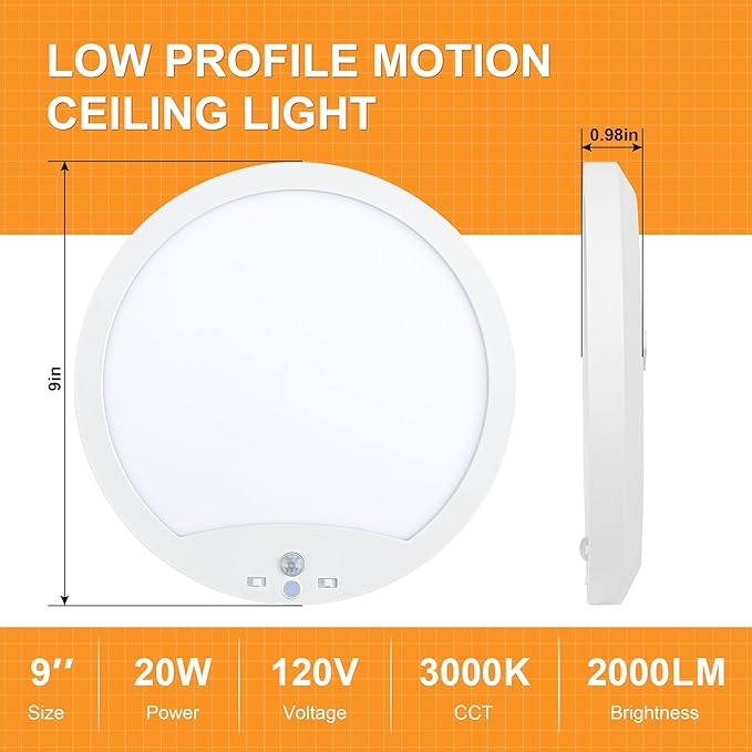 2-Pack Motion Sensor Ceiling Lights Hard-Wired, 9Inch Indoor Motion Activated LED Ceiling Light Fixtures with 3 Modes, Flush Mount Lights for Closet Stairwell Hallway, NOT Battery Operated, 3000K